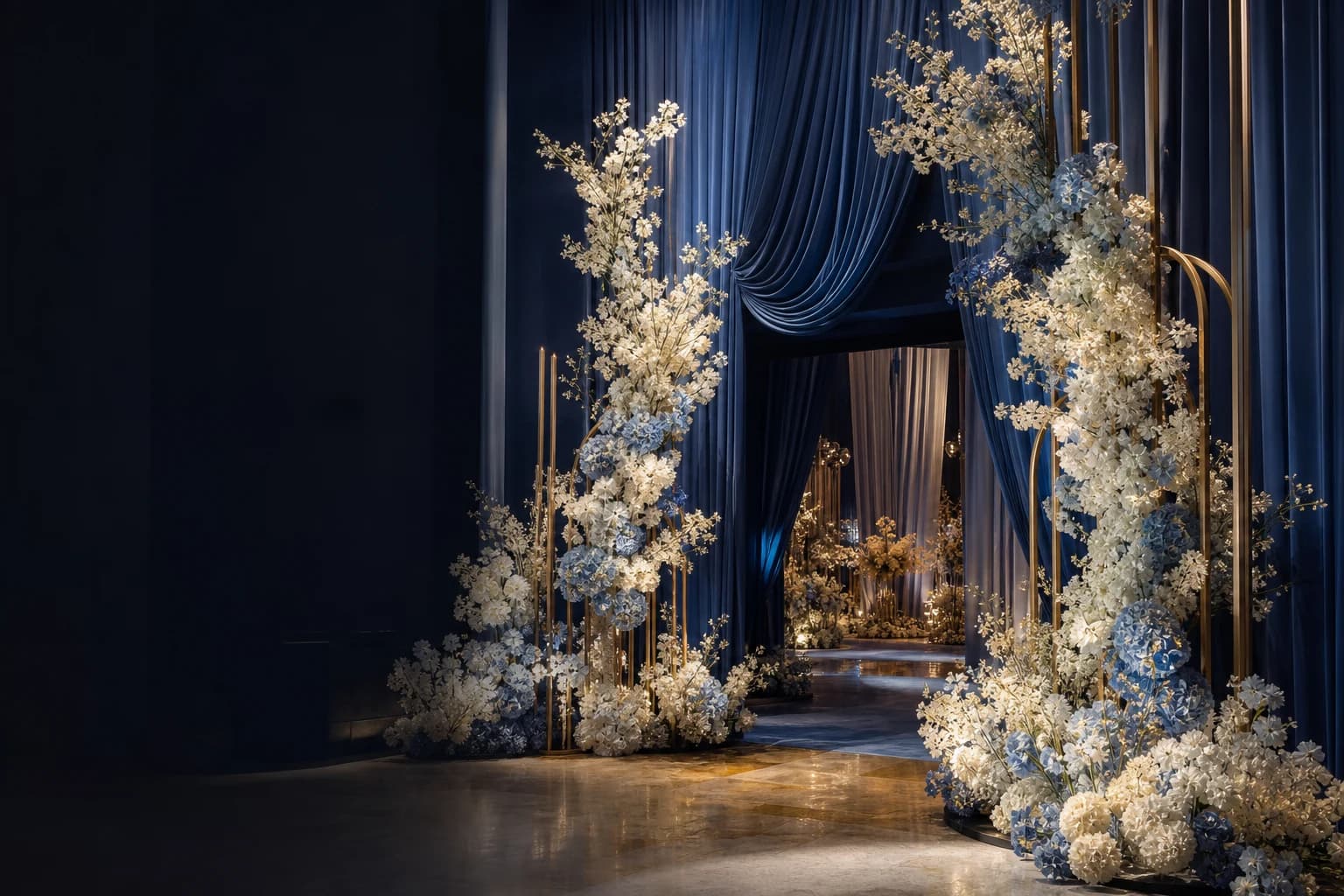 Luxury event entrance design inspiration in sapphire and ivory