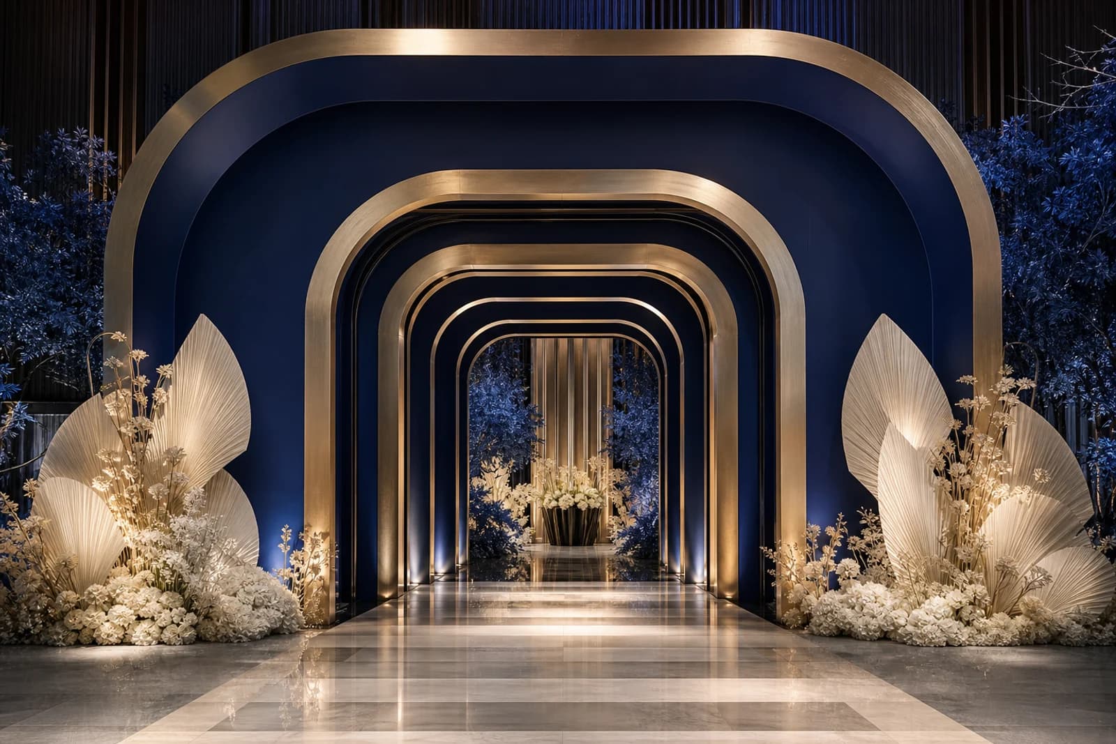 Suspended blue and ivory botanical installation