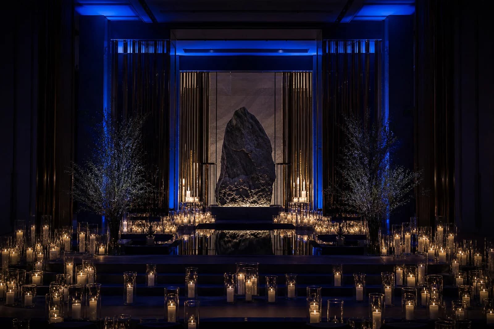 Event installation team positioning sapphire drapery