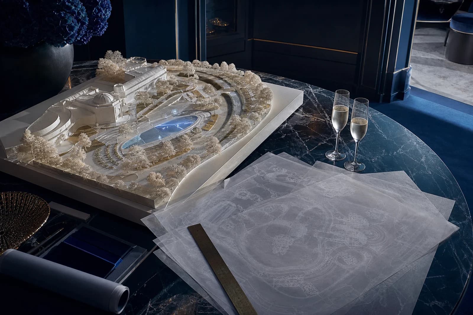 Ivory porcelain and sapphire linen place setting